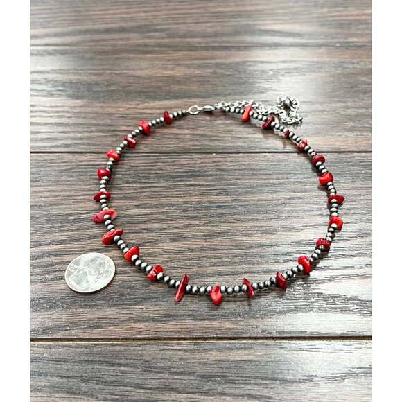 Handmade Navajo Bead and Coral Chip Stone Necklace 16 to 21 Inches Long - Picture 2 of 3